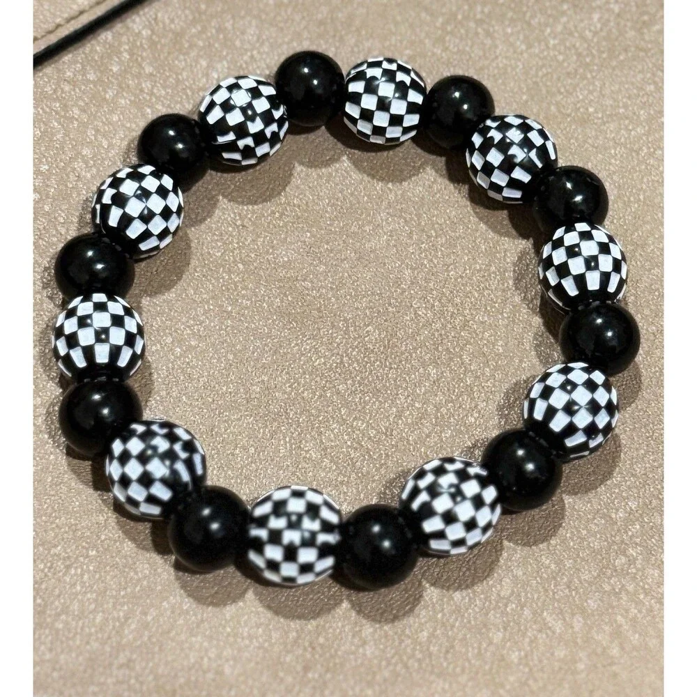 Black White Harlequin Beaded Stretch Bracelet Checkerboard Retro Goth